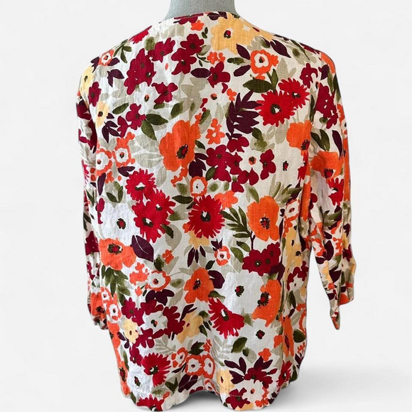 Hot Cotton 100% linen floral poppies 3/4 oversized boxy blouse coastal grandma - Picture 3 of 8